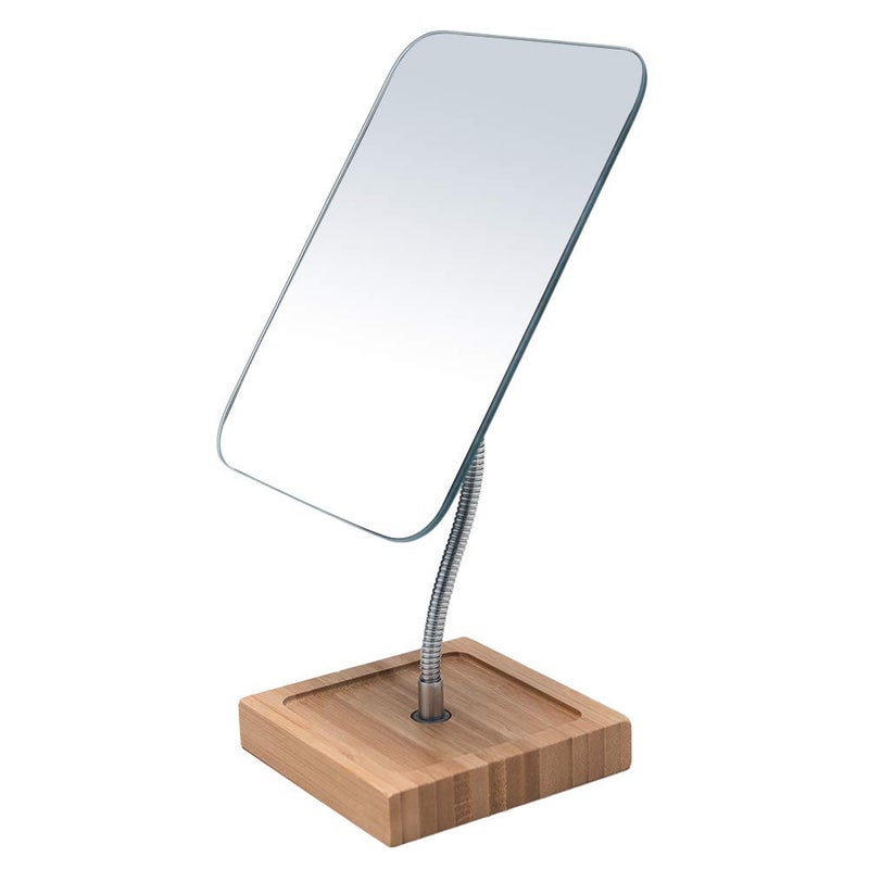 YEAKE Flexible Gooseneck Bamboo Vanity Makeup Mirror,360Â°Rotation 8" Large Frameless, Folding Portable Table Desk Mirror with Stand for Bathroom Shaving Make Up, Rectangle - Image 1